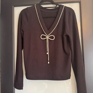 LOFT Black Long Sleeve Top with Pearl Bow